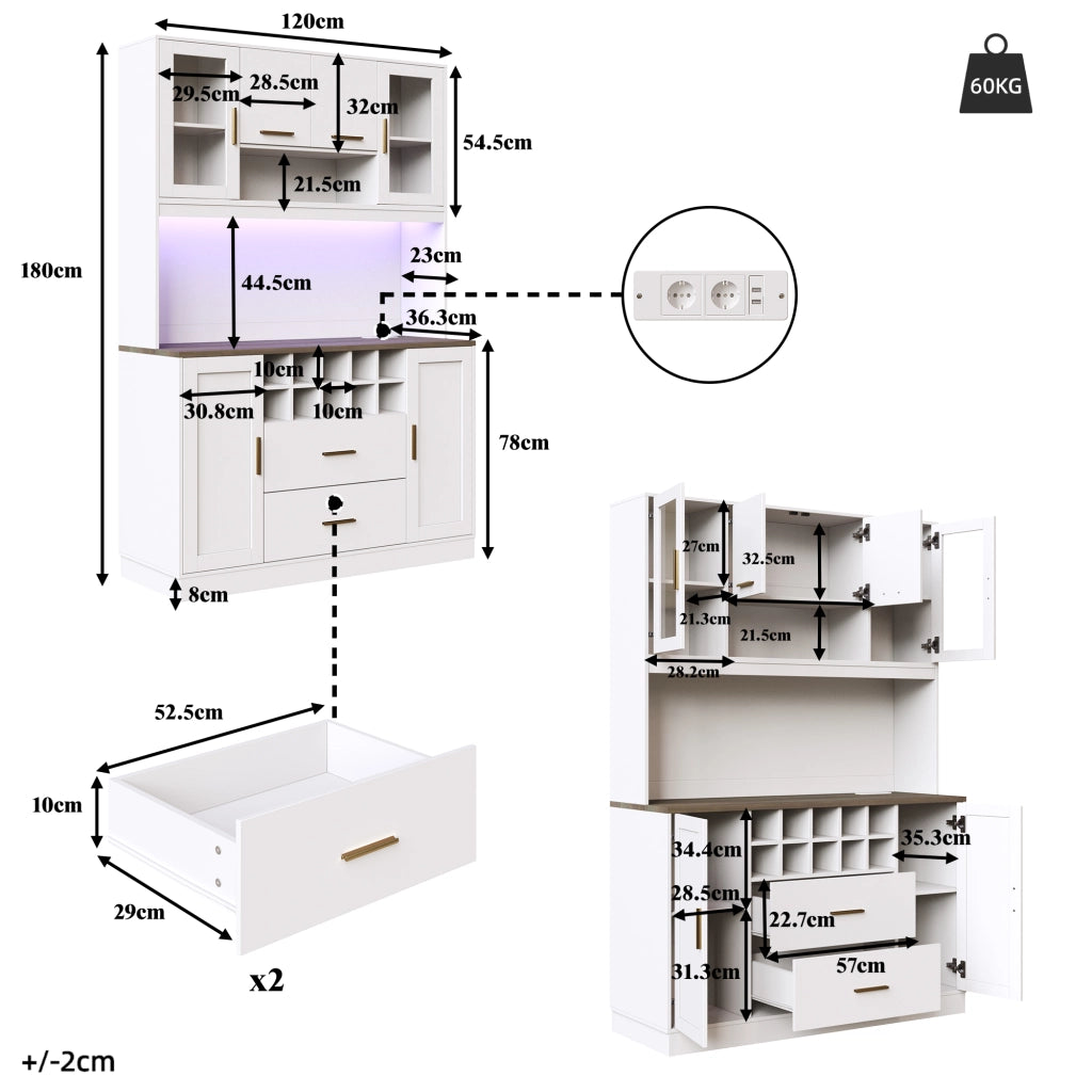 OKWISH Credenza da Cucina con 6 Ante e 2 Cassetti, Portabottiglie, LED e Prese USB, MDF, Bianco, 120×36,3×180 cm