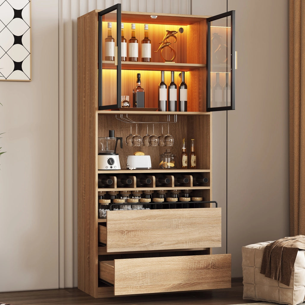 Mobile con ante in vetro; LED e cassetti - per bagno - in MDF - naturale - 180 cm