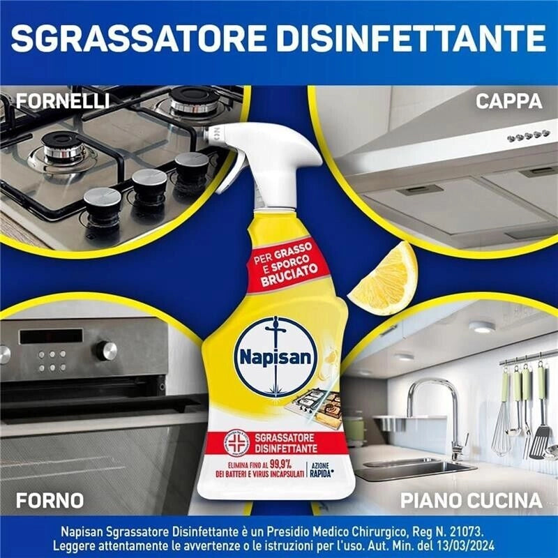 NAPISAN SPRAY 740 ML SGRASSATORE DISINFETTANTE SUPERFICI AL LIMONE ANTI BATTERI E VIRUS AZIONE RAPIDA