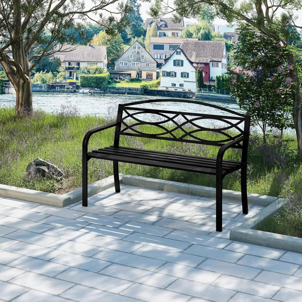 Panchina da Giardino in Metallo, Panchina da Esterno per 2 o 3 Persone, con Schienale e Braccioli, Panca per Patio Parco Terrazzo, 127x59,5x83cm, Nero