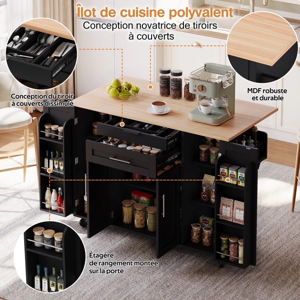 Carrello da Cucina con 4 Ante; 2 Cassetti; Ripiani Regolabili e Portasciugamani; 136 x 70 x 92 cm