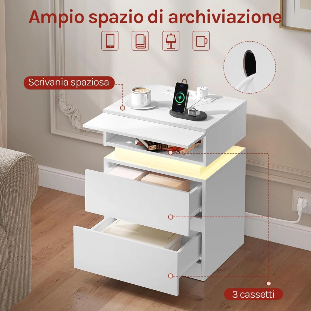 Comodini Set di 2, con Stazione di Ricarica, Comodini a LED Connesso, 2 Prese, 2 Porte USB, 2 Cassetti, 1 Scomparto con Sportello, per Camera da Letto, 40 x 35 x 55 cm, Bianco