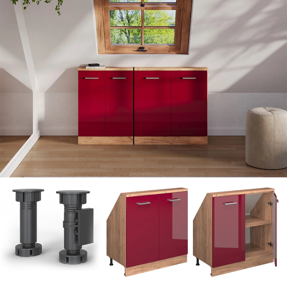 Mobile cucina sottotetto R-Line Rosso lucido/Rovere dorato 80 cm con 2 porte Vicco