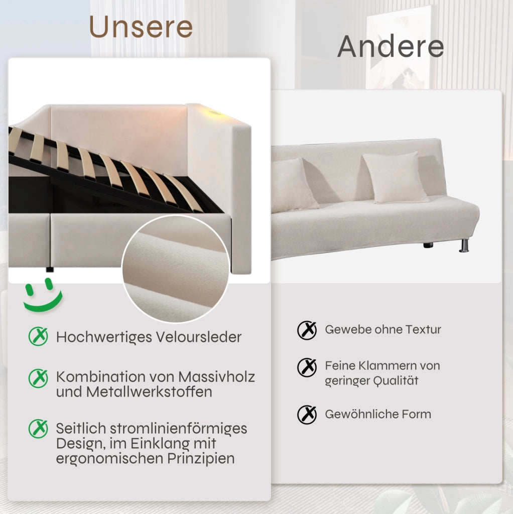 Letto da giorno imbottito 90x200 cm con contenitore idraulico; USB-C e lampada da lettura; velluto beige