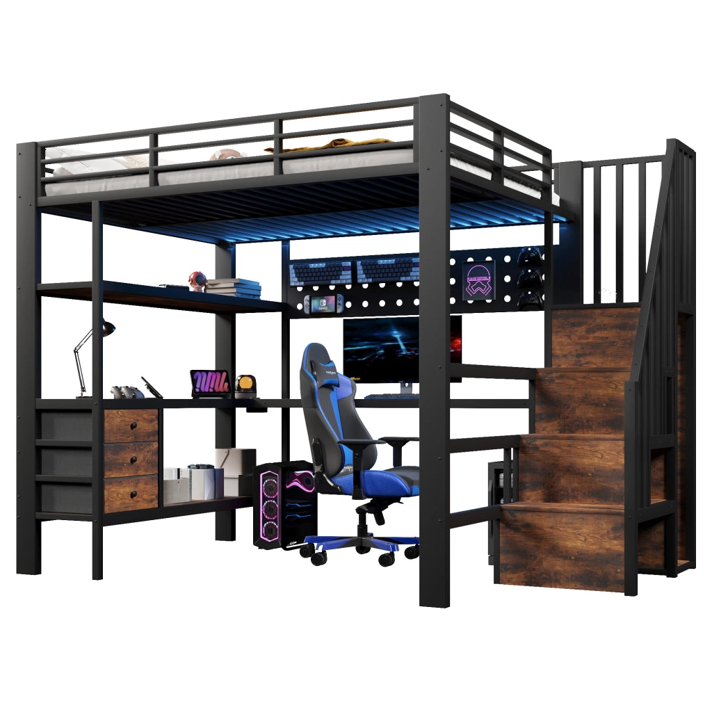 Letto a Soppalco con Cassetto, Tavolo, LED e Presa ¨C MINIMAL ¨C Metallo Nero 140x200