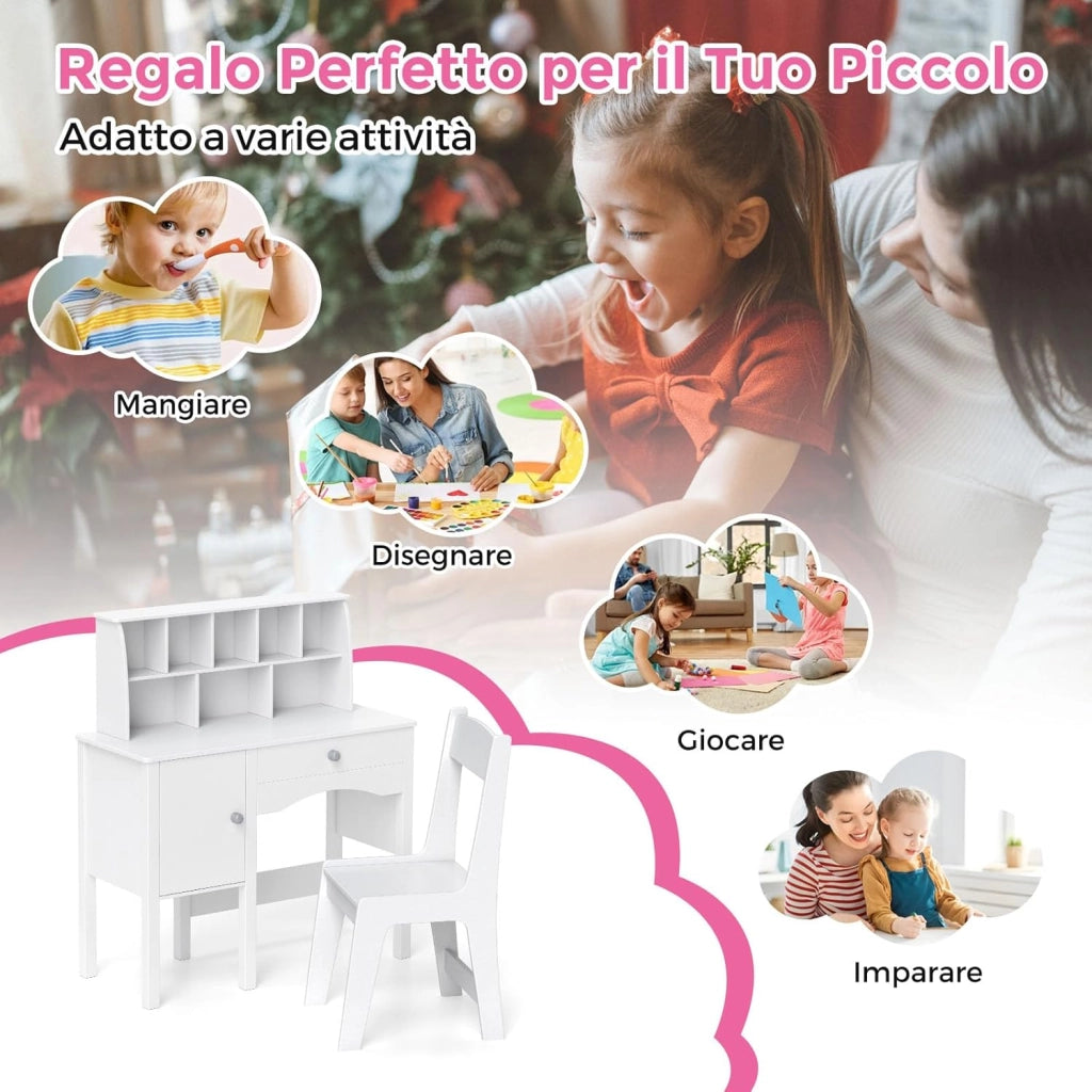 Set Scrivania e Sedia per Bambini in Legno, Tavolo e Sedia per Cameretta con Cassetto, Ripiano e Armadietto, Scrivania per Bambini Età 3+ Anni per Computer