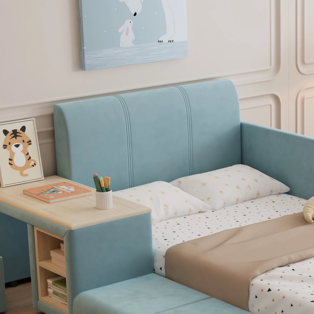 Letto singolo imbottito ULEVR 90x200 cm con scrivania laterale, sgabello e vano contenitore, velluto blu