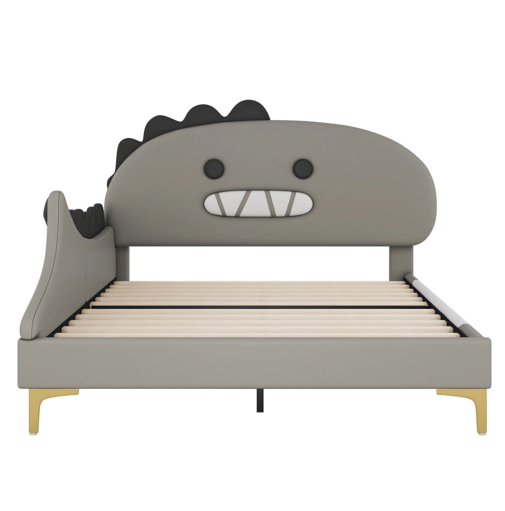 Letto per bambini 140x200 cm; design dinosauro; PU e MDF; grigio