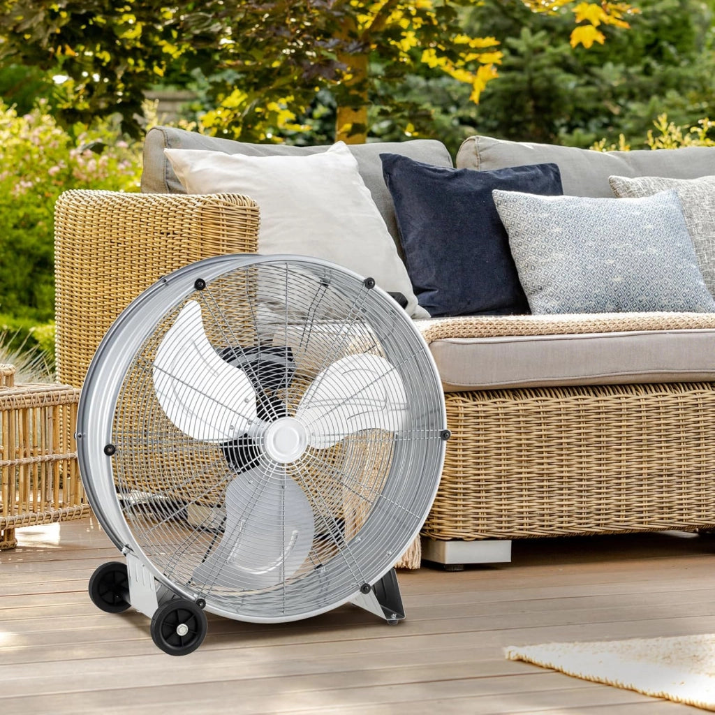 Ventilatore da Terra Industriale a 3 Velocità con Pale in Alluminio, Ventilatore a Piantana Potente ad Alta Velocità su Ruote in Gomma, 180W Max, 65x37x67 cm (Argento)