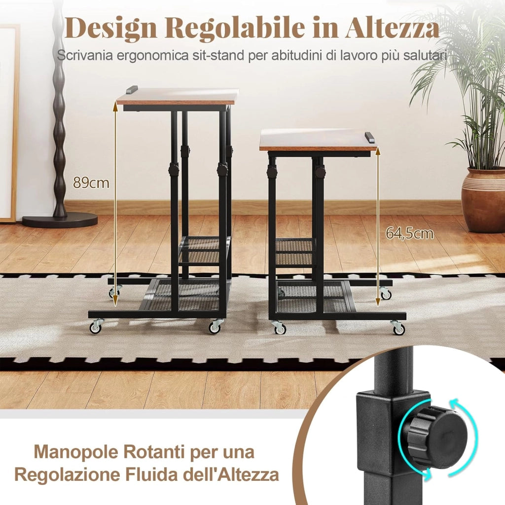 Tavolino da Divano e Letto, Tavolo Regolabile in Altezza con Ruote Bloccabili, Piano Inclinabile e Mensole Portaoggetti, Mobile Versatile per Salotto, Camera da Letto