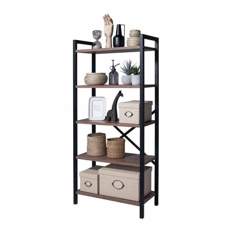 Libreria a 5 Ripiani, Scaffale Portaoggetti, Libreria Autoportante, 62x130x29,50 cm, Colore Dark Oak e Nero Opaco, Made in Italy