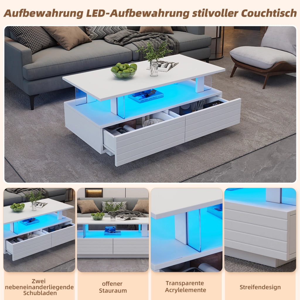 Tavolino da caffè con 2 cassetti; LED - per soggiorno - 100×50×42 cm - bianco