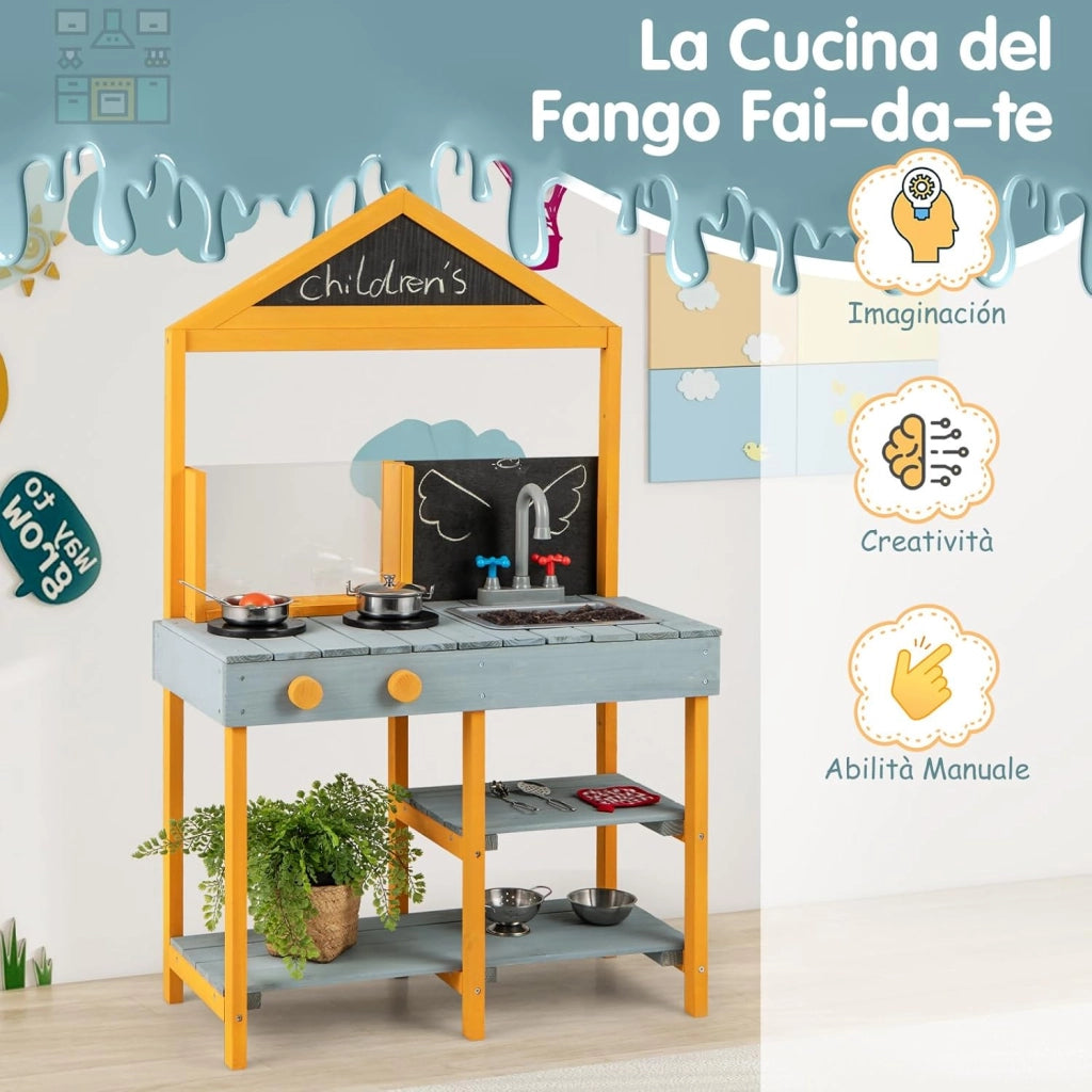 Cucina Giocattolo per Giardino con Vaso da Piantinaggio Trasparente, Rubinetto e Lavandino Rimovibile, Cucina in Legno di Abete per Bambini, Set Cucina con 8 Accessori (Blu e Arancio)