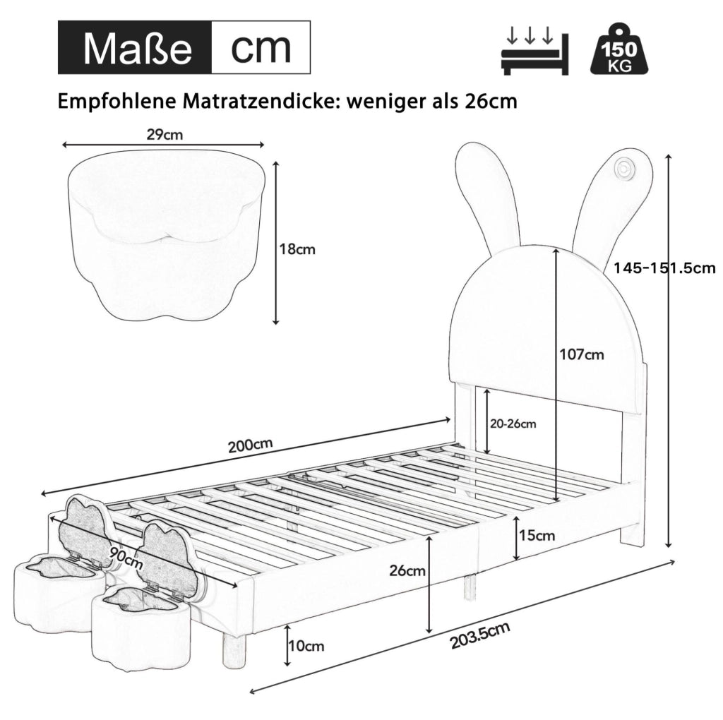 Letto imbottito 90x200 cm con 2 panche contenitore; LED e orecchie pieghevoli; velluto rosa