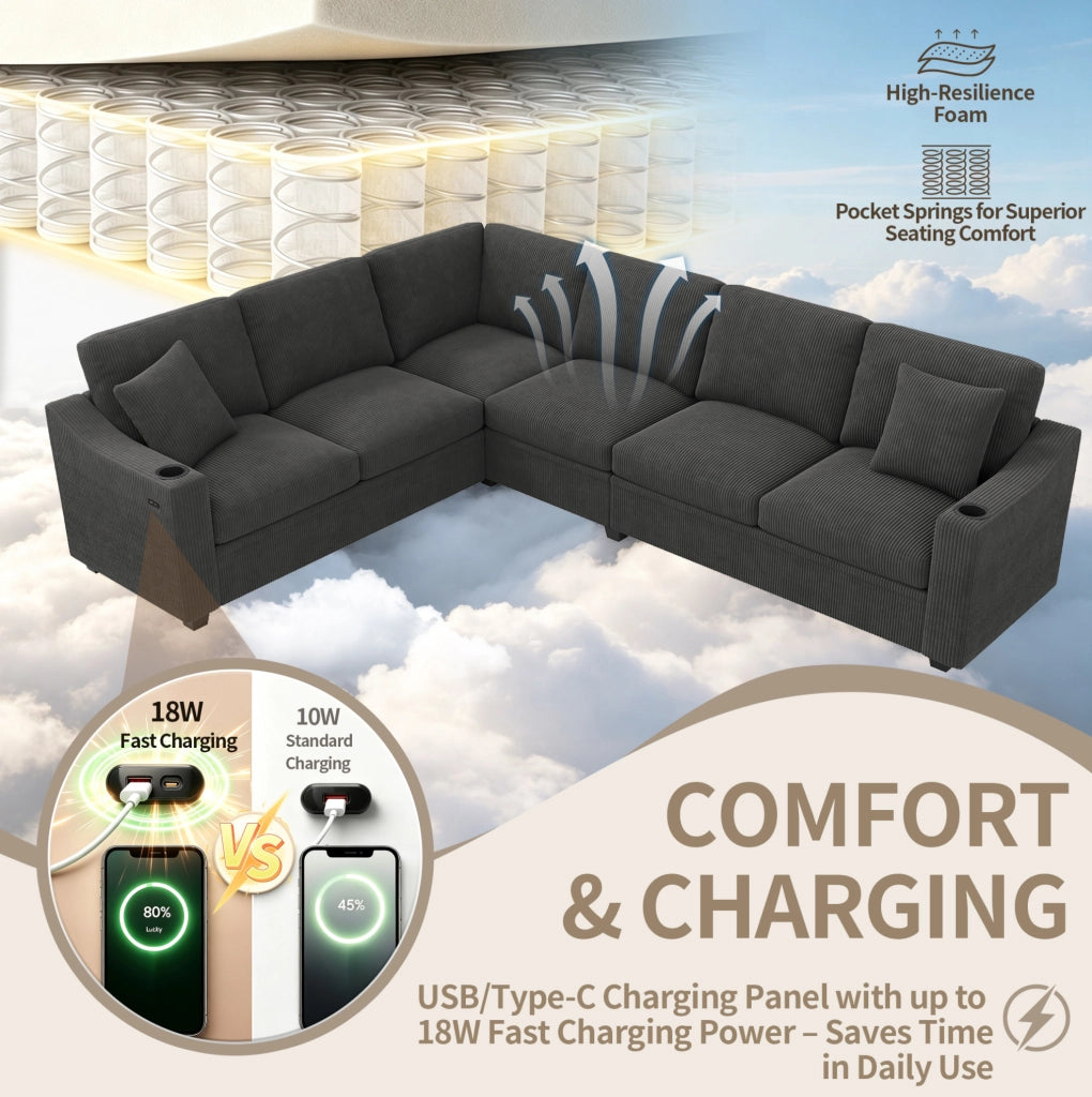 Divano angolare modulare 6-7 posti 277x215 cm con USB-C e portabevande; velluto a coste grigio