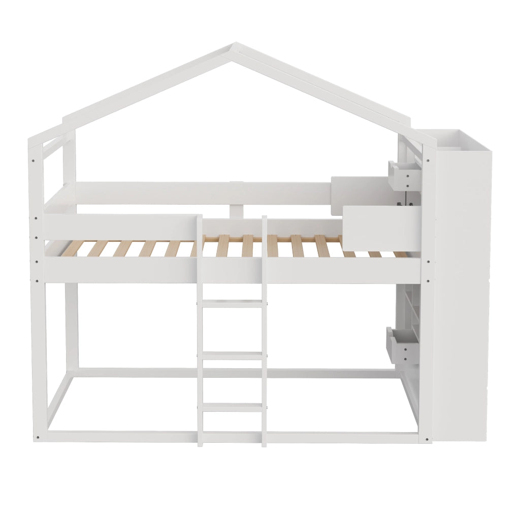 OKWISH Letto a Castello 90×200 cm, Letto Singolo con Contenitore, Mensole e Scomparti, senza Materasso, in Legno Massello, Bianco