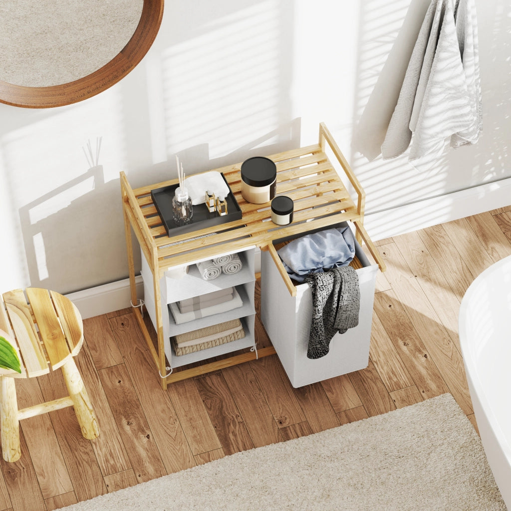 Cesto portabiancheria in bambù con 2 sacchi estraibili e ripiano, 70x36x70 cm, bianco