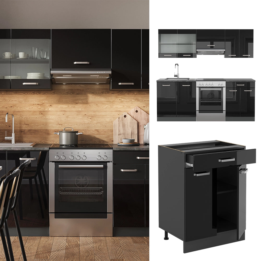 Vicco Cucina componibile Nero lucido/antracite 200 cm senza piano di lavoro