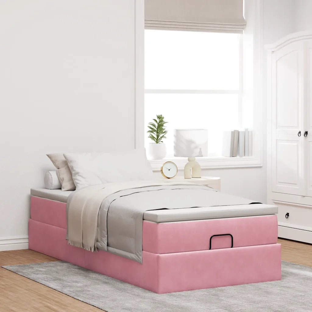 Struttura Letto Pouf con Materasso Rosa 90x200 cm in Velluto