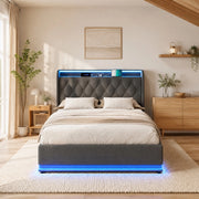 Letto matrimoniale imbottito 160x200 cm in lino grigio con LED 360掳; contenitore idraulico e USB Type-C