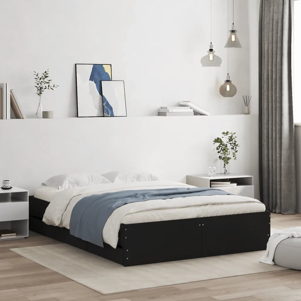 Letto matrimoniale | Letto per adulti | Giroletto con Cassetti Nero 120x190 cm in Legno Multistrato
