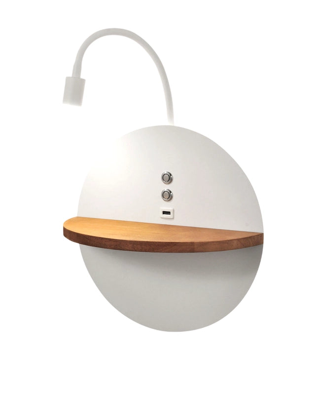 Dual - Applique da parete con mensola e luce LED 15W Fabas Luce Touch dimmer - Bianco opaco con legno USB integrata