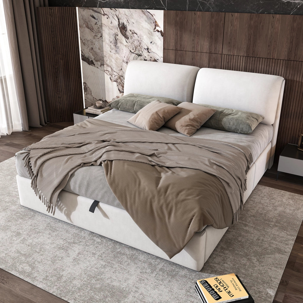 Letto contenitore 160 × 200 cm con 3 cassetti, apertura idraulica e vano integrato, senza materasso, in velluto beige