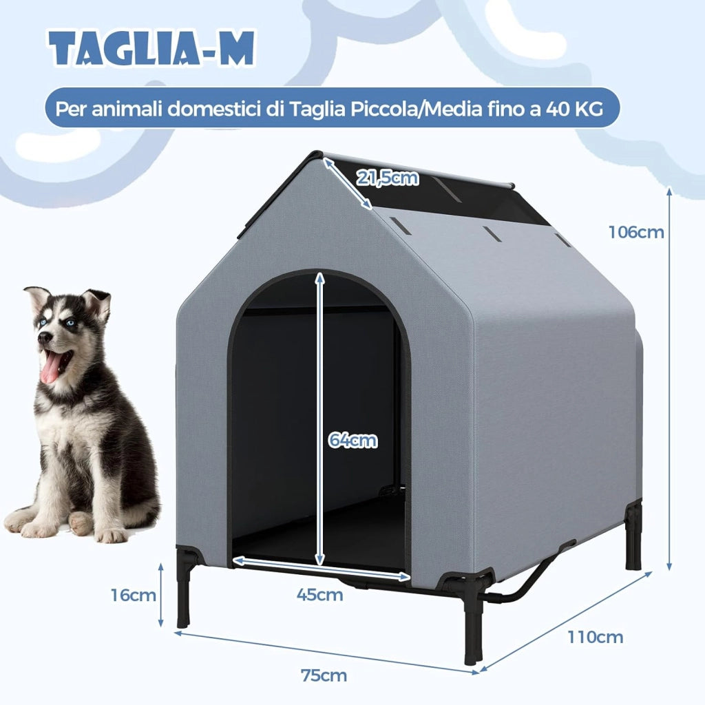Casetta per Cani, Letto Rialzato per Cani con Copertura Rimovibile ed Impermeabile e Finestre Ventilate, Cuccia Cane Esterno ed Interno Taglia Piccola/Media/Grande (75 x 110 x 106 cm)