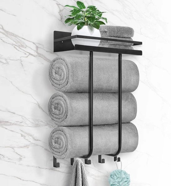 Maniglione per asciugamani per bagno, maniglione per bagno con fissaggio alla parete, piatto metallico e 5 ganci per piccoli spazi, organizzatore per asciugamani arrotolati per bagno.