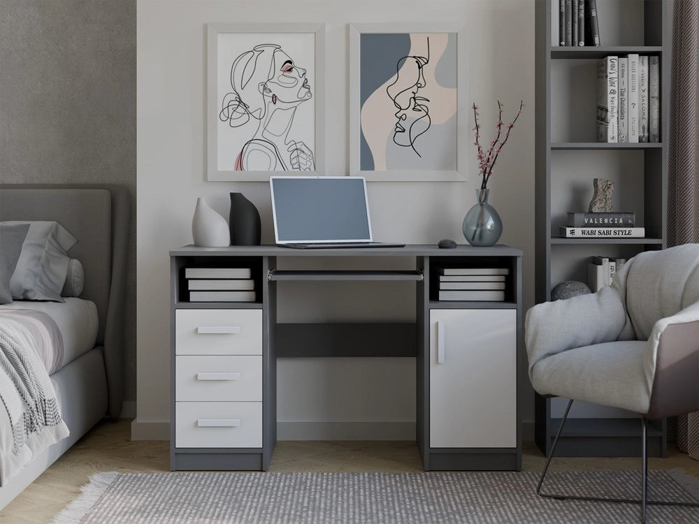 Scrivania delta antracite / bianco 120 cm 3 cassetti mobile con ripiani per ufficio camera e laptop
