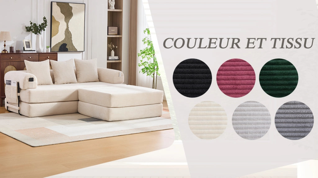 Divano modulare in tessuto corduroy beige con pouf, struttura in metallo, tasca laterale e 3 cuscini
