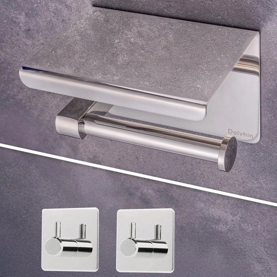 Support per toilette senza perforazione inclusa 2 ganci per asciugamani | Support per toilette con piatto | Support per toilette autoadesivo in acciaio inossidabile | Support per toilette in bagno | Finitura lucidata cromata
