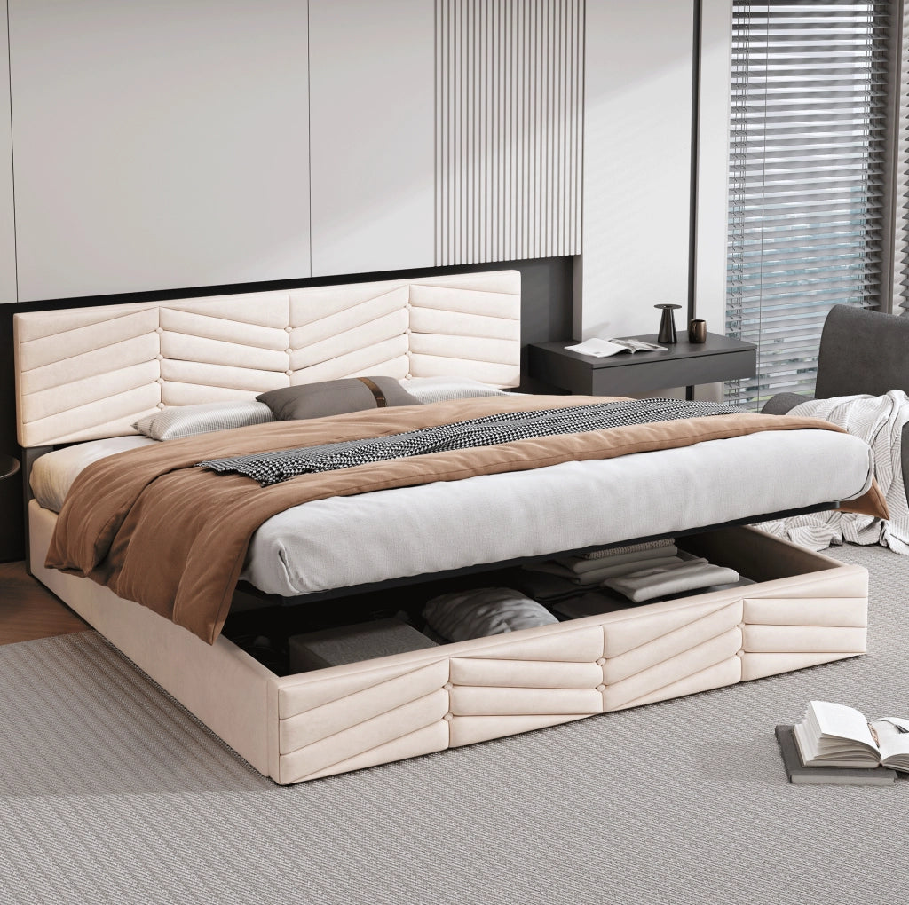 Letto matrimoniale imbottito con contenitore idraulico 160x200 cm in velluto beige