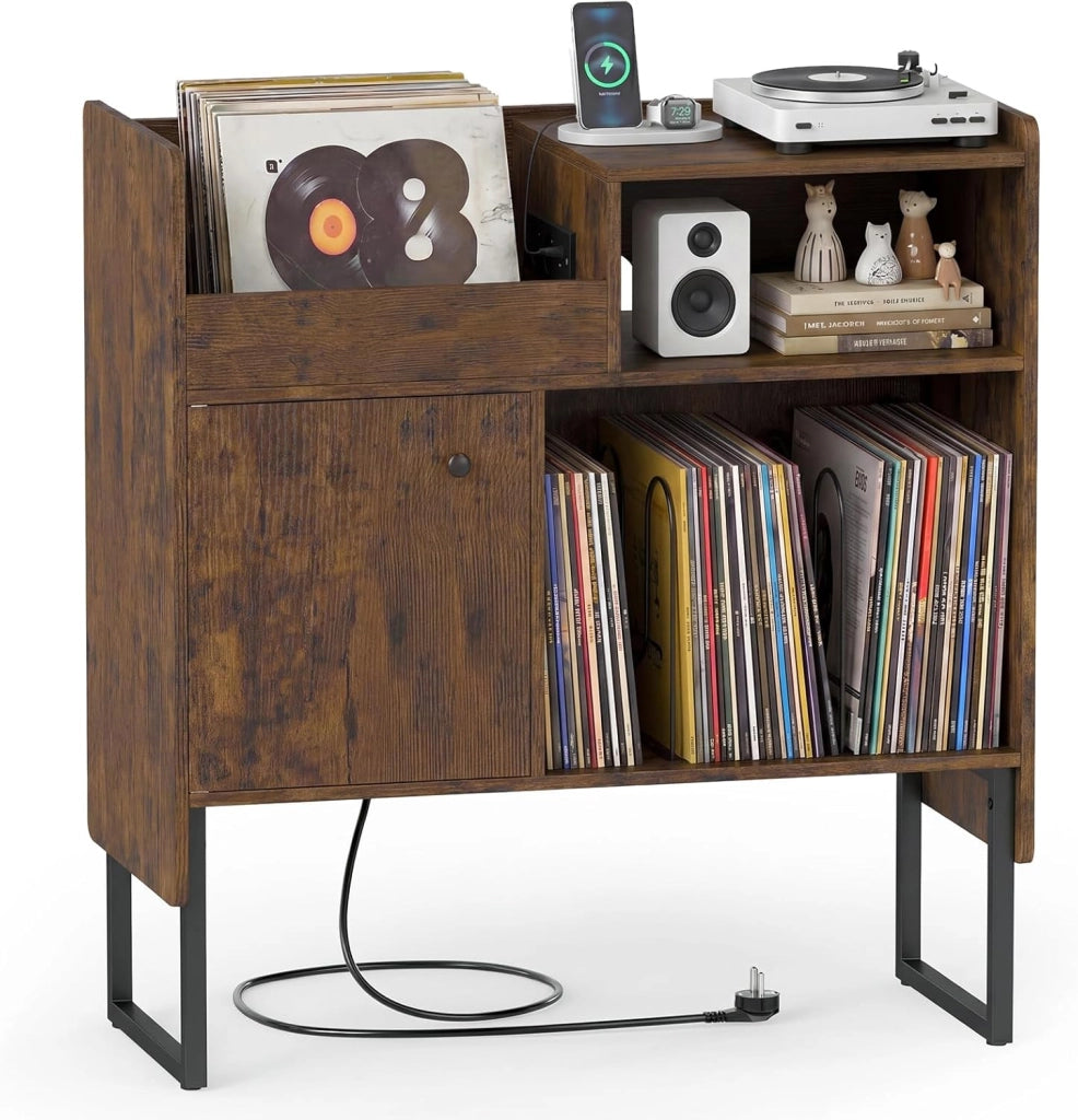 Mobile Giradischi con Stazione di Ricarica, Supporto Porta Vinili e Dischi, Tavolino con Armadietto e Scomparti Aperti, Stile Vintage, in Legno e Metallo, 80 x 35,5 x 85,5 cm