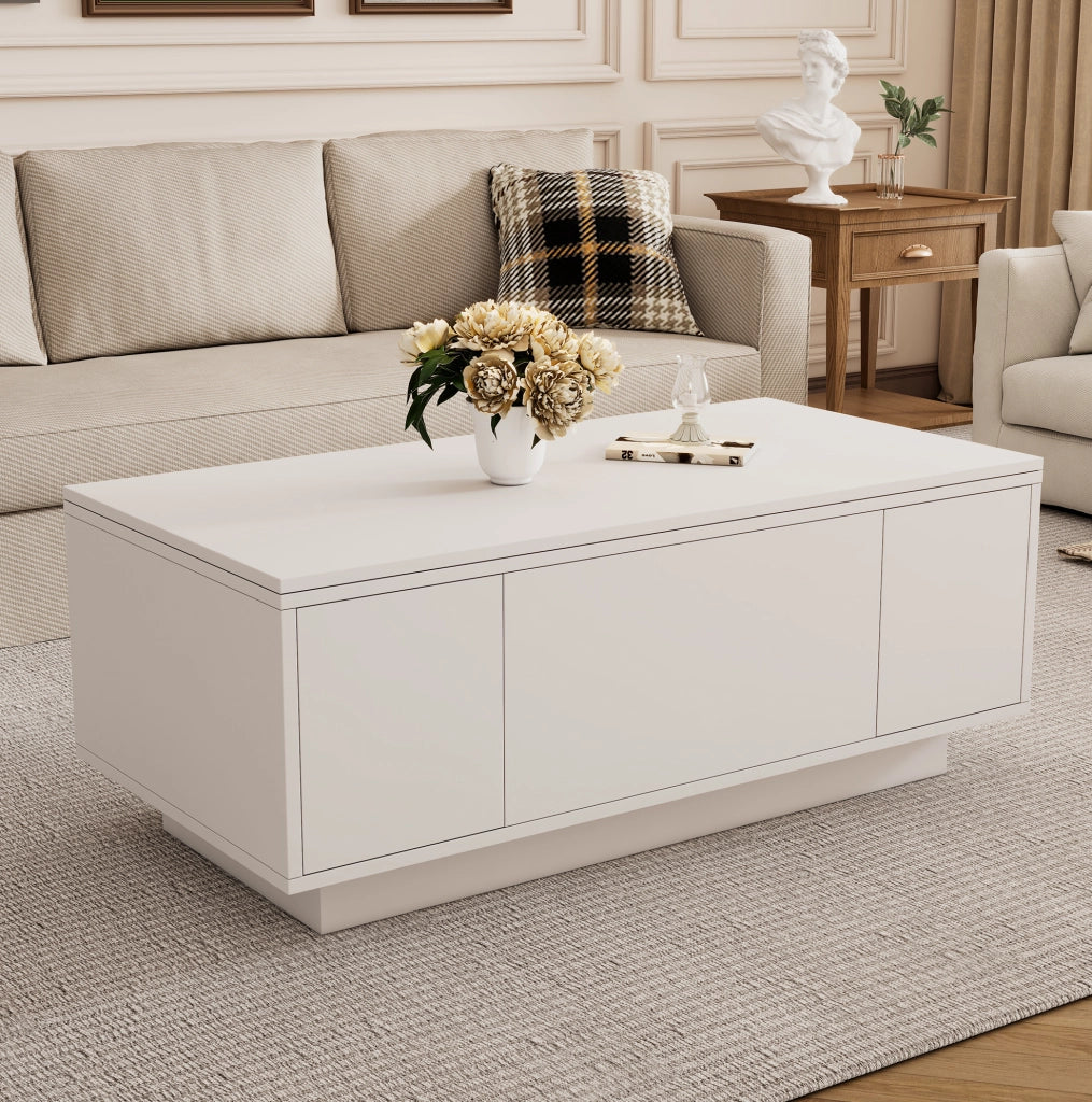 Tavolino da caffè 100x50x43 cm con doppio piano sollevabile; vano nascosto in truciolato bianco