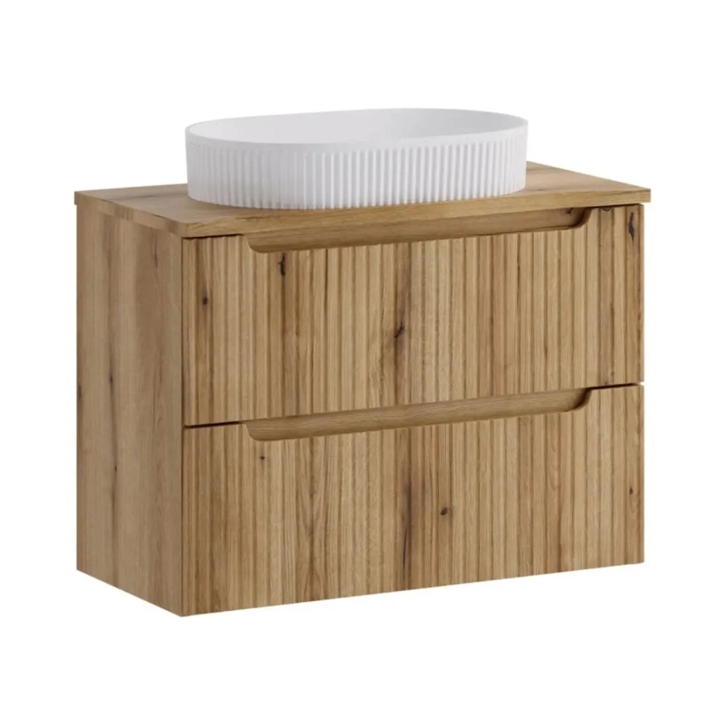 Set VANO in rovere chiaro 80cm: mobile sottolavabo con cassetti + piano per lavabo + lavabo da appoggio bianco scanalato