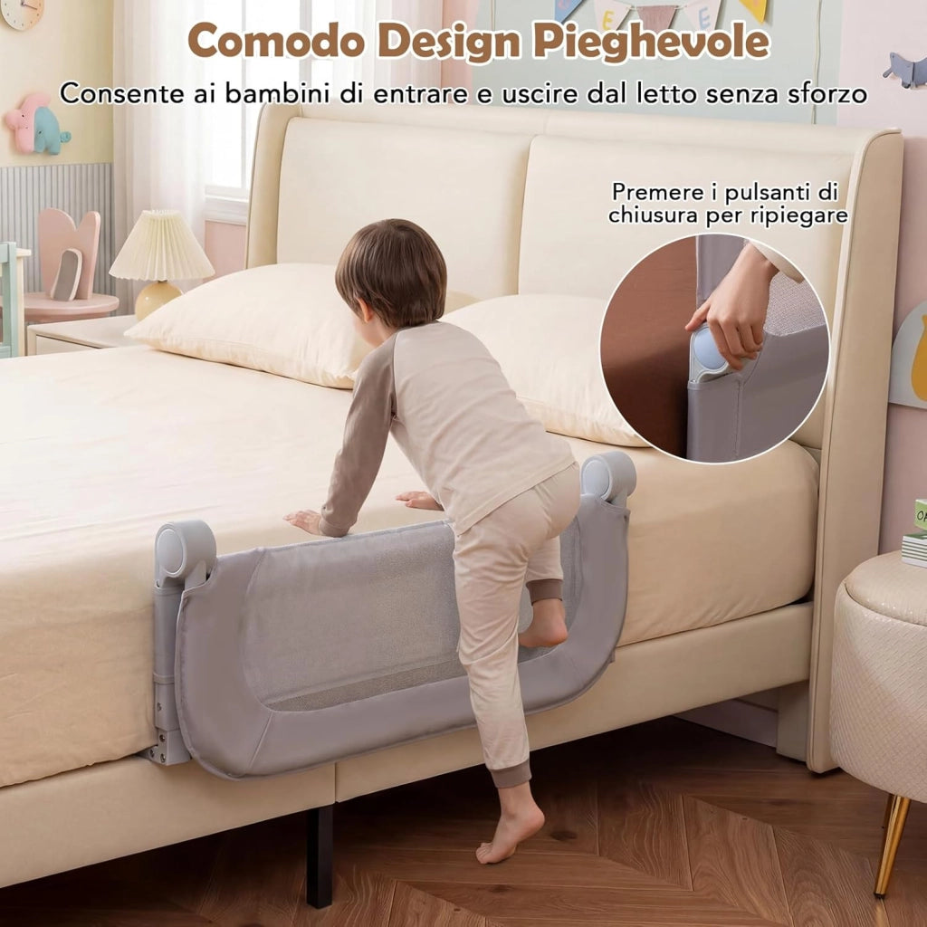 Sponda Letto per Bambini 80/120/150/180 cm, Barriera di Sicurezza per Neonati, Altezza Regolabile a 3 Livelli, Barriera Letto Pieghevole, con Cinghia di Sicurezza (80 cm,Grigio)