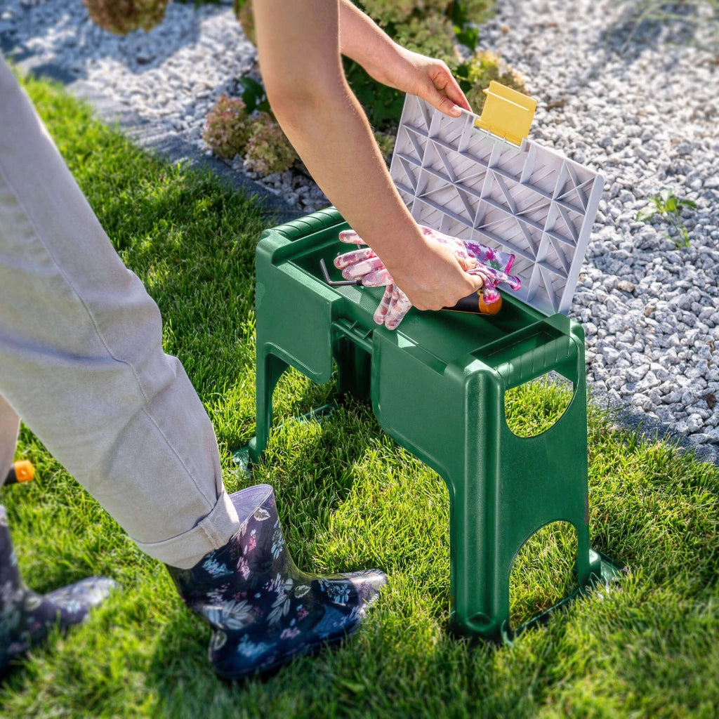 Sgabello da giardino KADAX con inginocchiatoio, sedia e contenitore, 3 in 1, sedile pieghevole