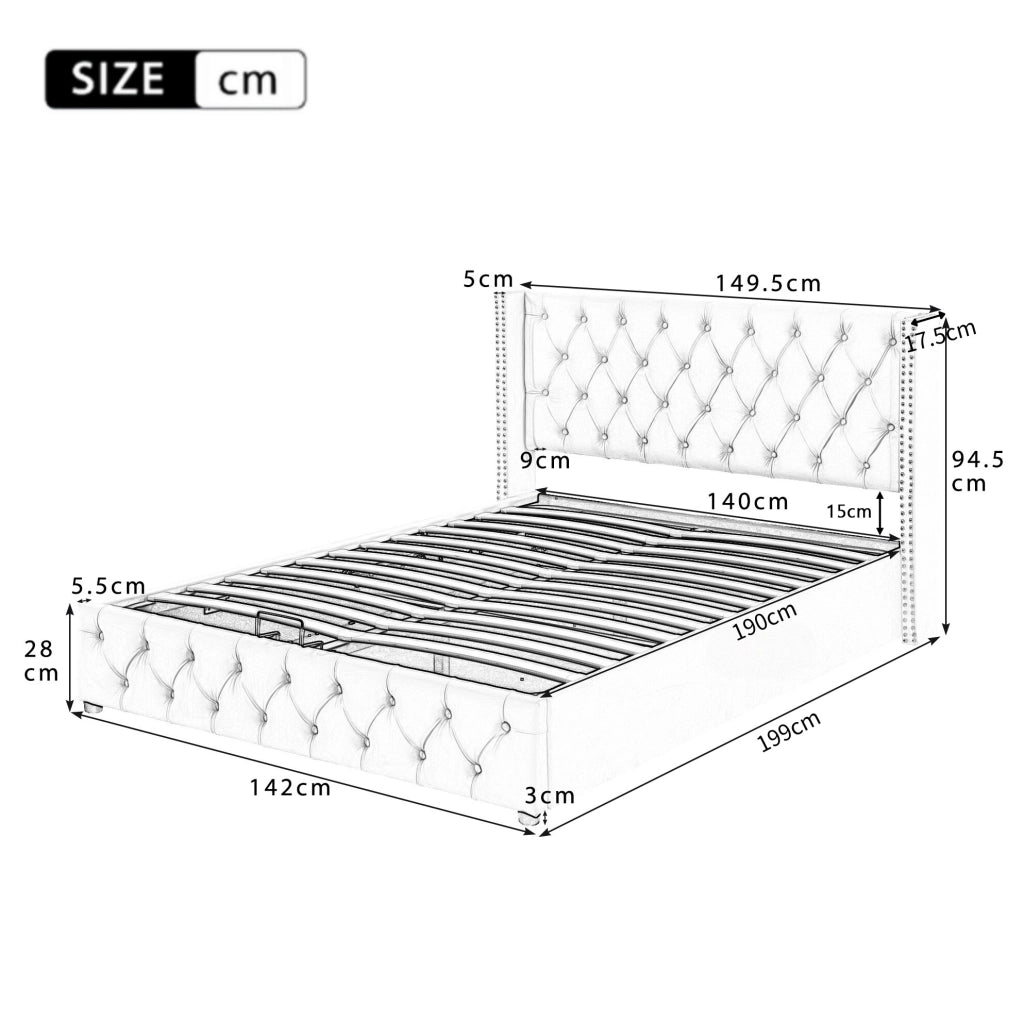 Letto matrimoniale 140x190 cm con contenitore e sollevamento idraulico in velluto beige