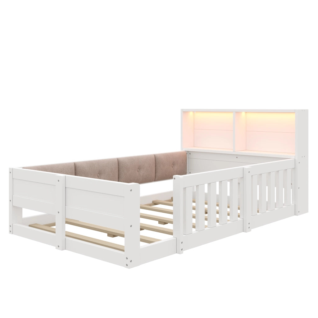 Letto per bambini 90×200 cm con testiera imbottita; LED e sponde di sicurezza; senza materasso; bianco