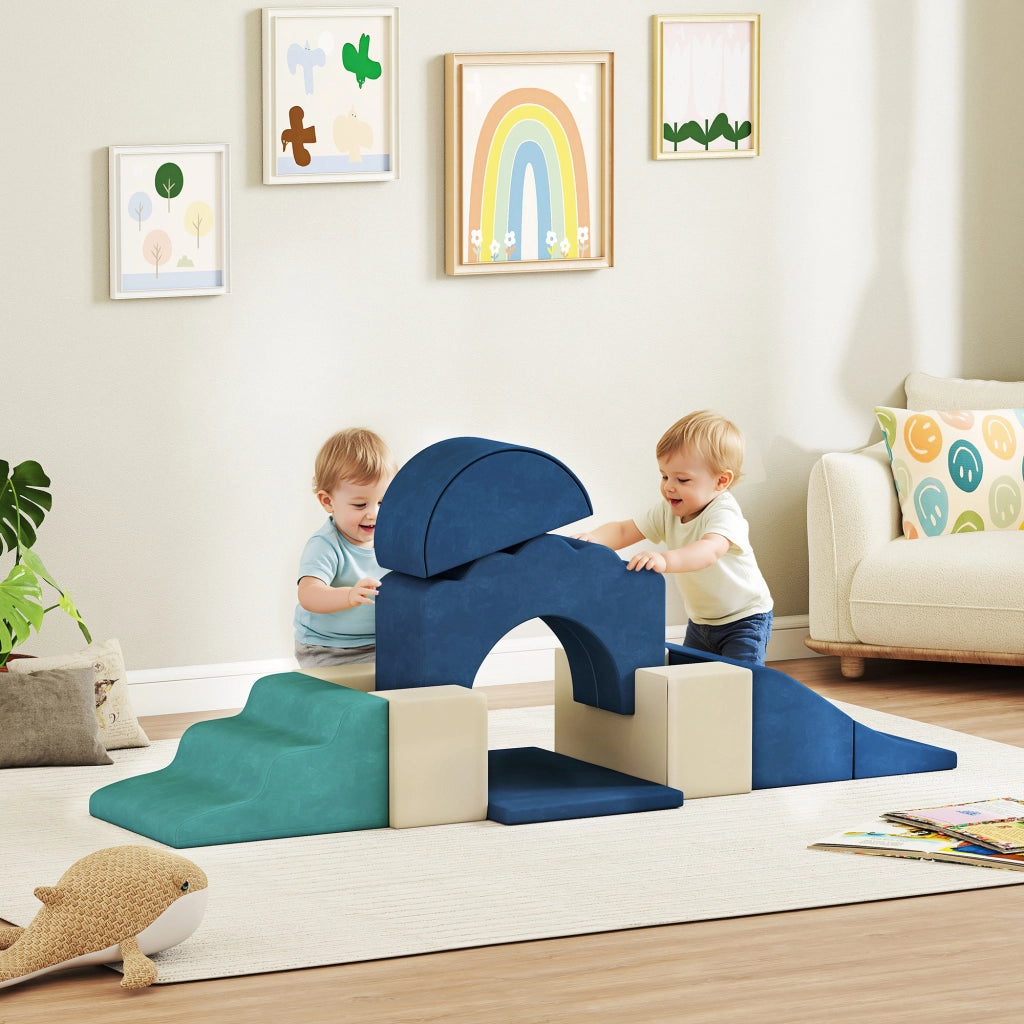 Set 7 Costruzioni Morbide per Bambini da 0,5-3 Anni con Base Antiscivolo in Schiuma e Velluto Blu