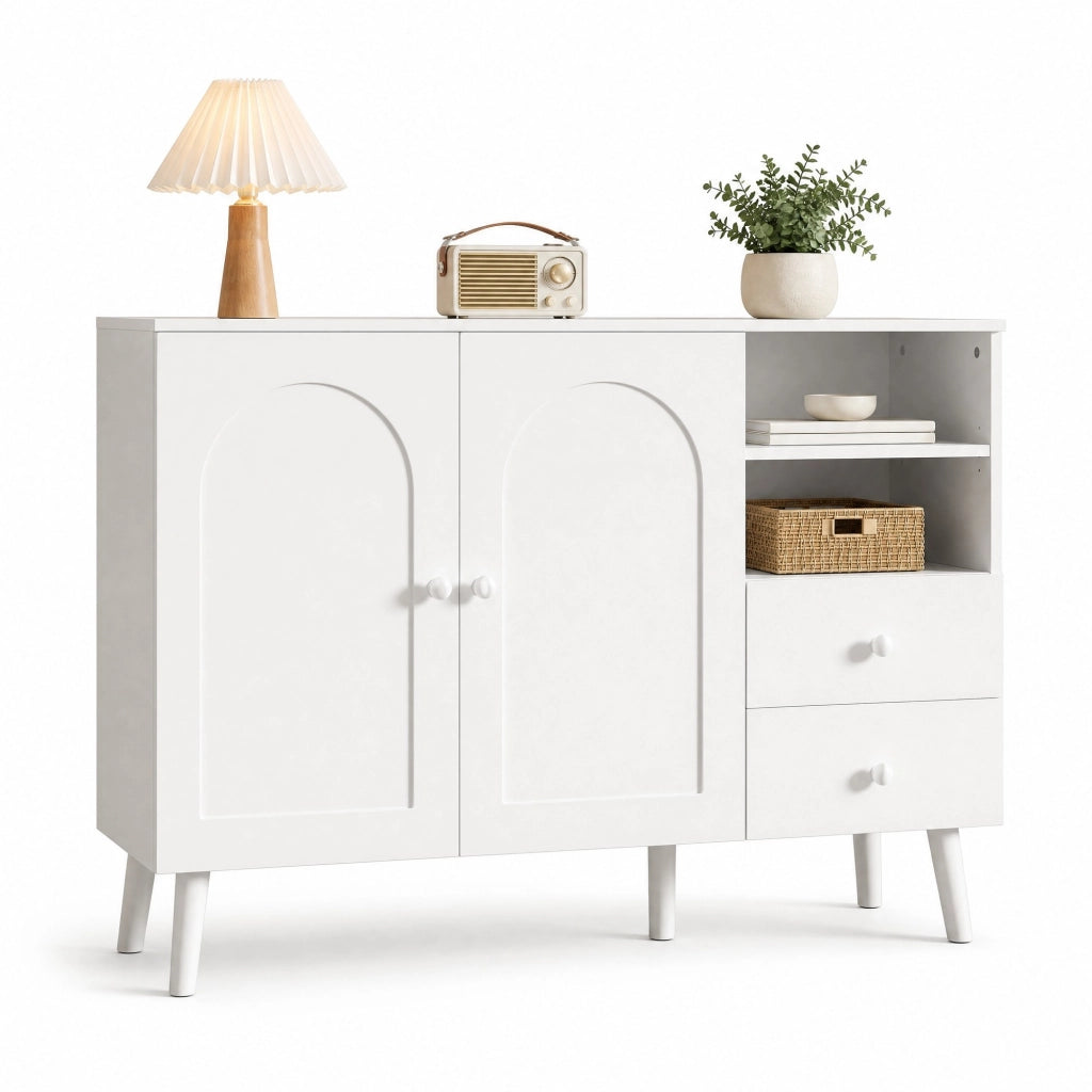 Credenza bianca con 2 ante, 2 cassetti e vani a giorno