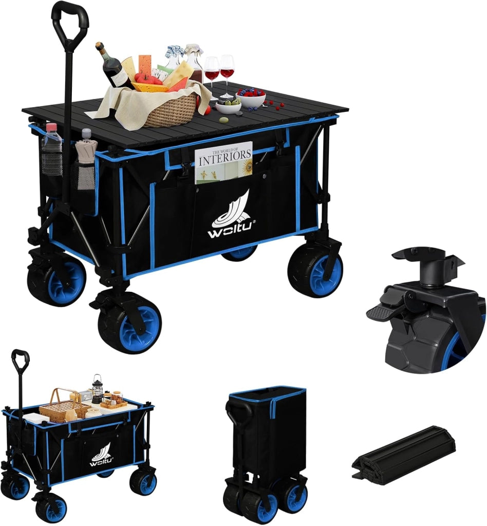 Carrello Pieghevole con Ruote da Spiaggia con Piano e Maniglia, Carrello da Giardino, Campeggio, Spesa, Borsa di Trasporto, Oxford+Acciaio, Nero+Blu