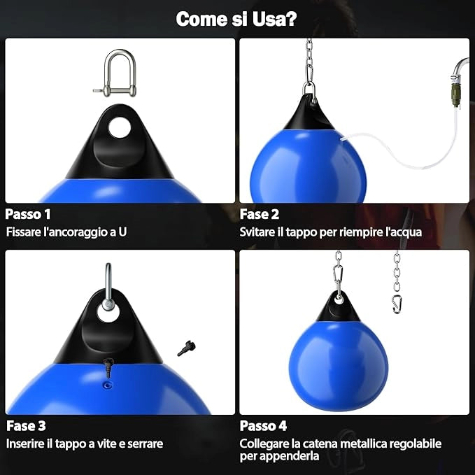 Sacco da Boxe per Bambini ed Adulti 50 kg, Sacco da Boxe ad Acqua con Catena Metallica Regolabile, Ganci, Fibbie di Assicurazione e Tubo dell’Acqua