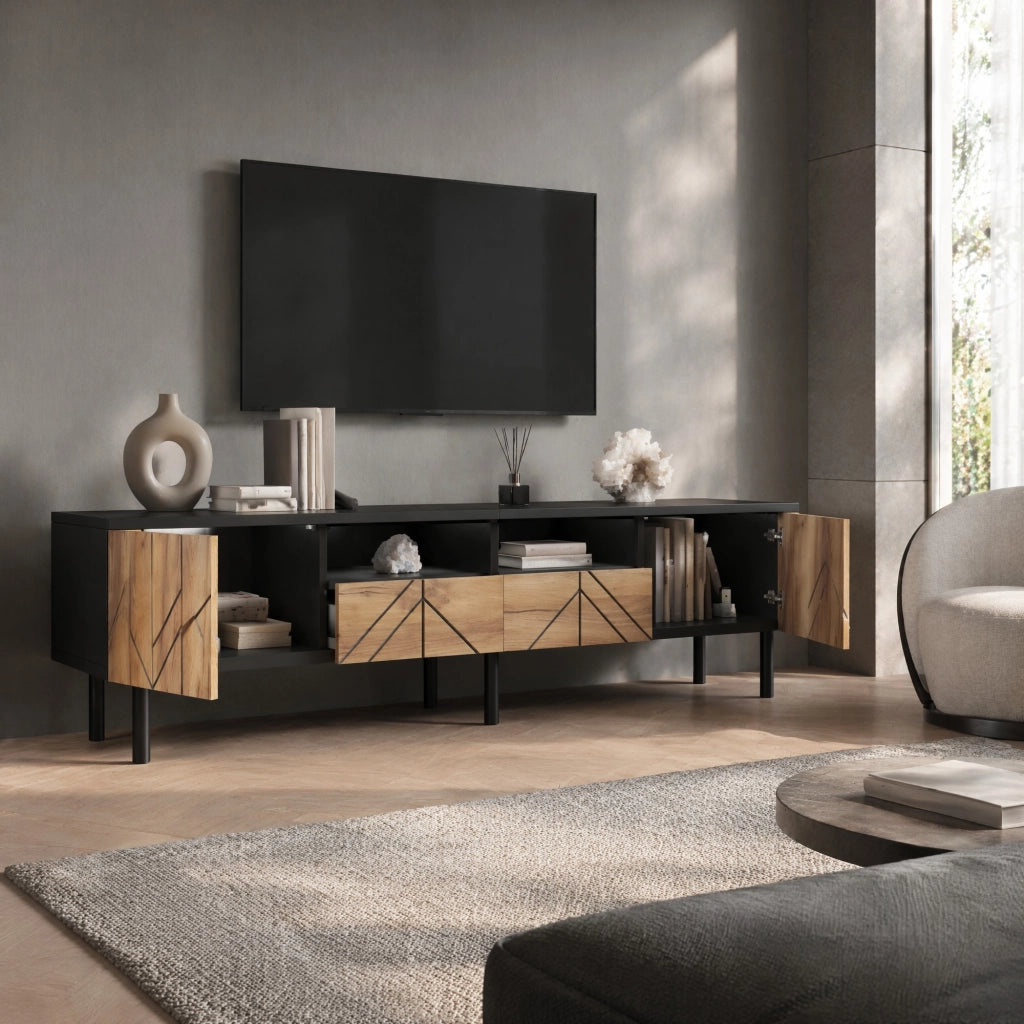 Mobile TV moderno 180x40x45 cm con 2 cassetti e 2 ante, in pannello truciolare, nero e effetto legno, portata fino a 75 kg