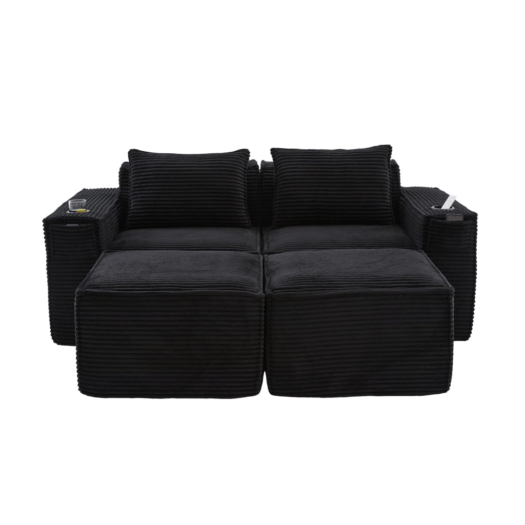 Divano modulare a 2 posti in tessuto corduroy nero con 2 pouf, portabicchieri e tasche laterali