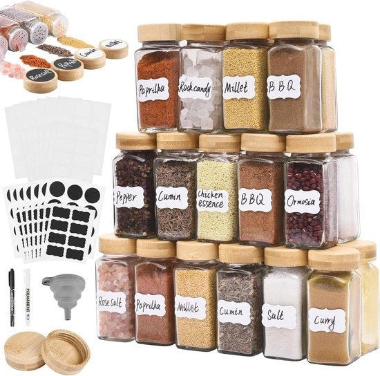 Set di contenitori quadrati per erbe - 35 pezzi da 120 ml - coperchio in bambù e etichette - coperchio in legno - dispositivo per la dispersione - ciotola