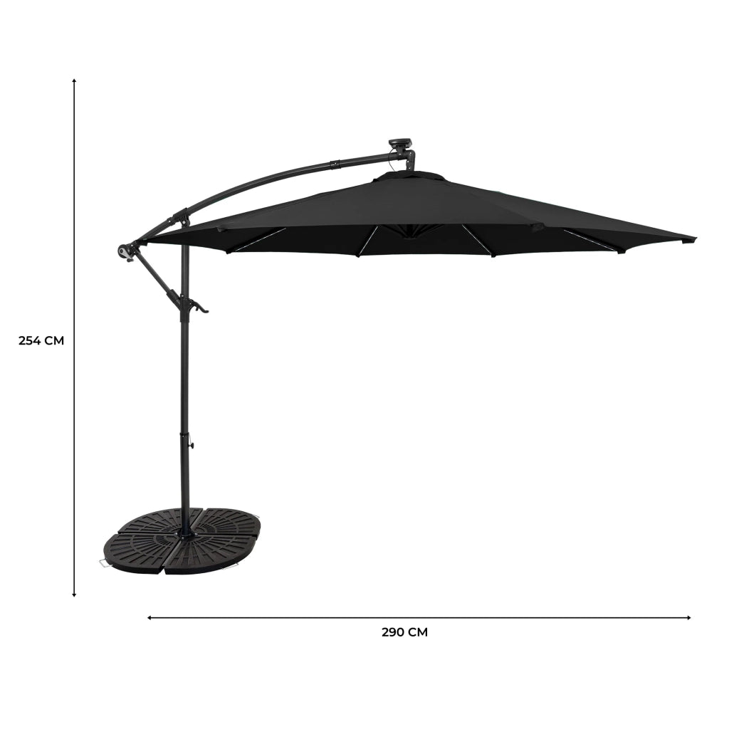 Ombrellone LED Decentrato 3m Nero Banana con Base 4 Pesi 56kg