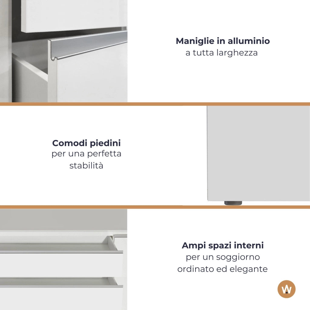 WHOUS Mobile porta tv Magic 2 ante e 2 cassetti centrali bianco lucido 240x40x55 cm