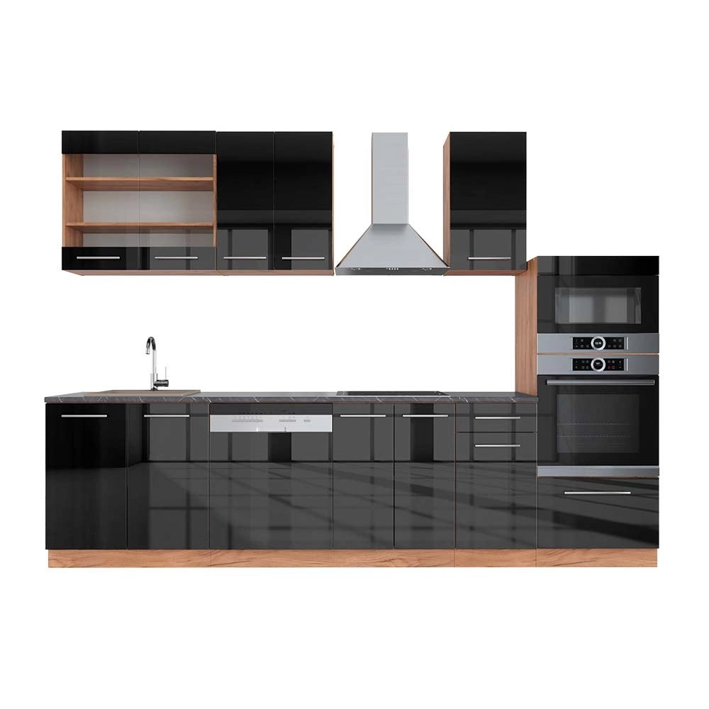 Cucina componibile Fame-Line Antracite lucido/Rovere dorato 300 cm con armadio alto, PL Antracite Vicco